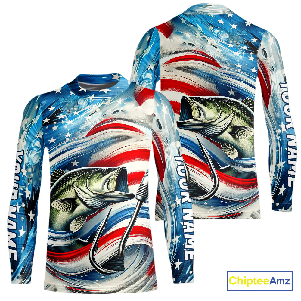 Custom Patriotic Amercian Flag Largemouth Bass Kid Long Sleeve Tournament Fishing Shirts IPHW9210