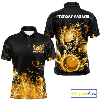 Front and back views of a black bowling polo with yellow flame graphics, a skull holding a yellow bowling ball, and customizable name and team text.