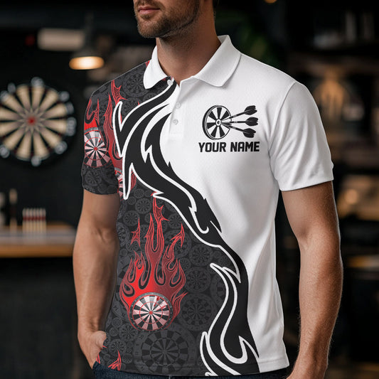 Black And Red Flame Dartboad Custom Dart Polo Shirts For Men, Dart Tournament Team Shirt IPHW8500