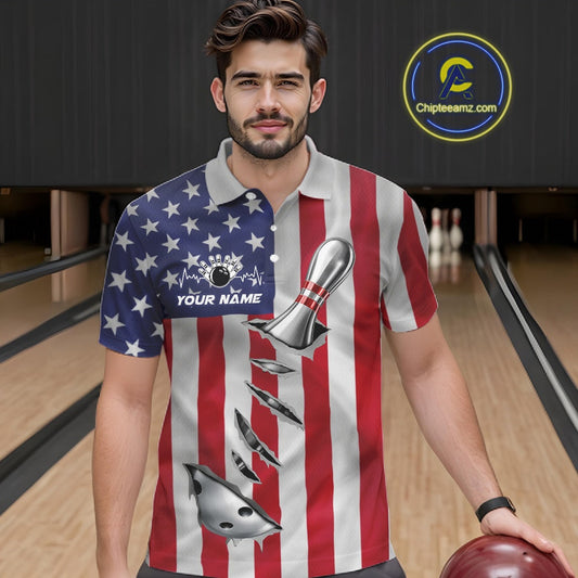 Custom US Flag Silver Bowling Ball And Pin Patriotic Bowling Shirts For Men Team Jerseys IPHW10588