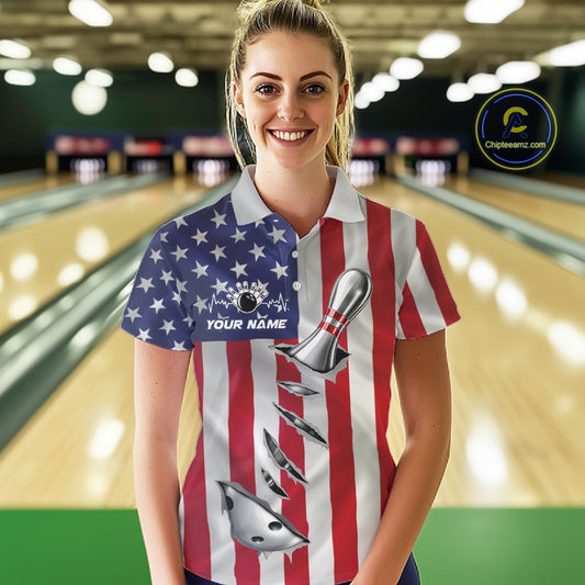 Custom US Flag Silver Bowling Ball And Pin Patriotic Bowling Shirts For Women Team Jerseys IPHW10588