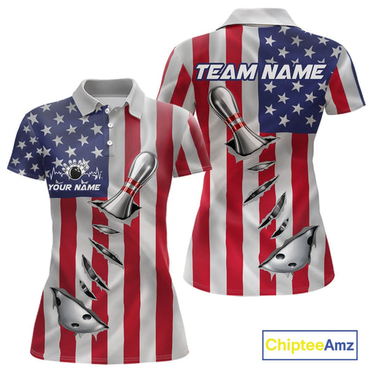 Custom US Flag Silver Bowling Ball And Pin Patriotic Bowling Shirts For Women Team Jerseys IPHW10588