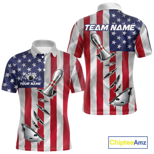 Custom US Flag Silver Bowling Ball And Pin Patriotic Bowling Shirts For Men Team Jerseys IPHW10588