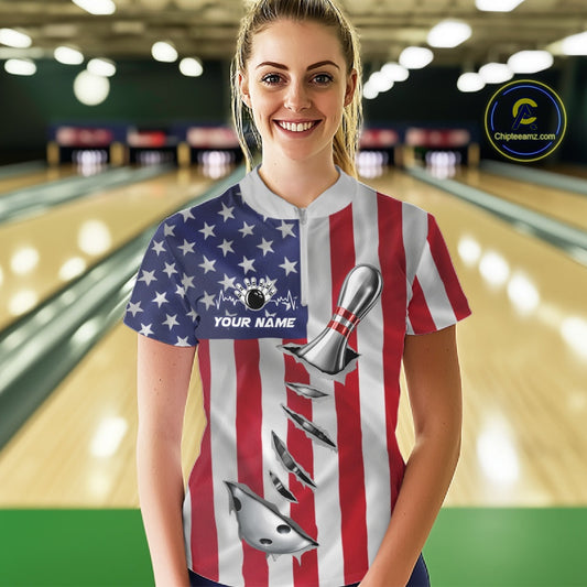 Custom US Flag Silver Bowling Ball And Pin Patriotic Bowling Shirt For Women Team Jersey IPHW10588