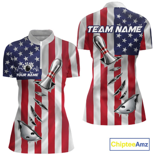 Custom US Flag Silver Bowling Ball And Pin Patriotic Bowling Shirt For Women Team Jersey IPHW10588