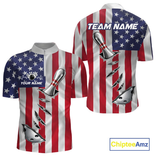 Custom US Flag Silver Bowling Ball And Pin Patriotic Bowling Shirts For Men Team Jerseys IPHW10588