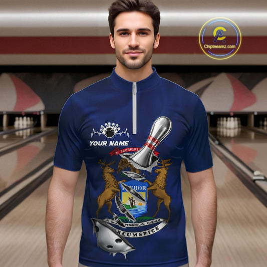 Custom Michigan State Flag Silver Bowling Ball And Pin Patriotic Bowling Shirts For Men IPHW10589