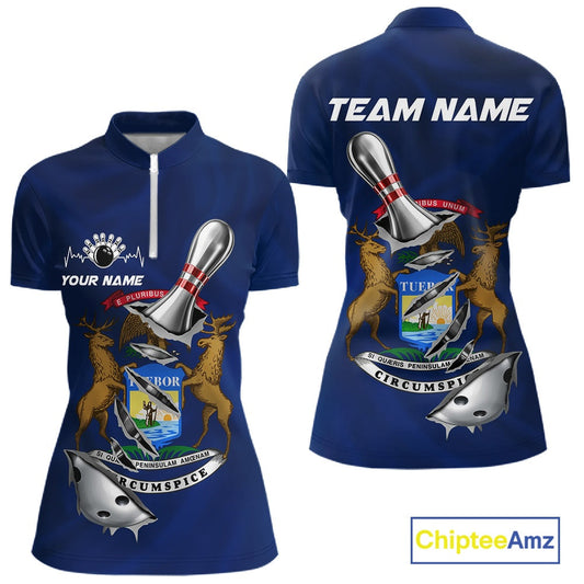 Custom Michigan State Flag Silver Bowling Ball And Pin Patriotic Bowling Shirt For Women IPHW10589