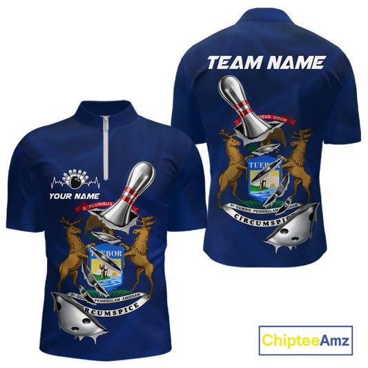 Custom Michigan State Flag Silver Bowling Ball And Pin Patriotic Bowling Shirts For Men IPHW10589