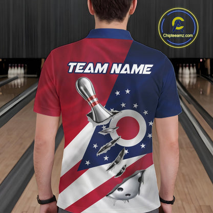 Custom Ohio State Flag Silver Bowling Ball And Pin Patriotic Bowling Shirts For Men IPHW10590