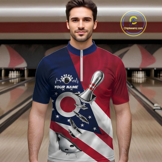 Custom Ohio State Flag Silver Bowling Ball And Pin Patriotic Bowling Shirts For Men IPHW10590