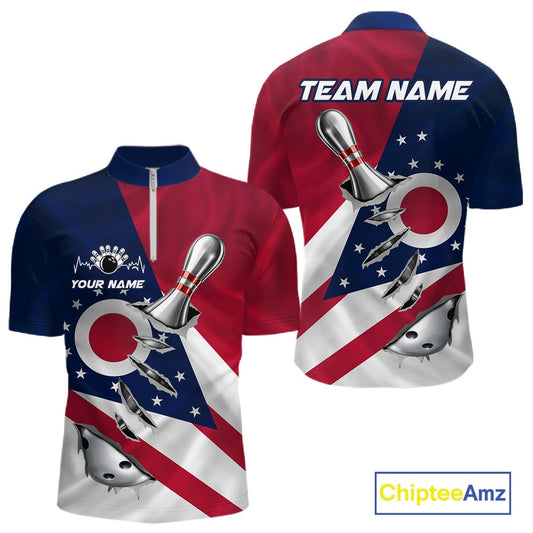 Custom Ohio State Flag Silver Bowling Ball And Pin Patriotic Bowling Shirts For Men IPHW10590