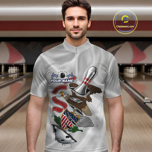 Custom Illinois State Flag Silver Bowling Ball And Pin Patriotic Bowling Shirts For Men IPHW10591