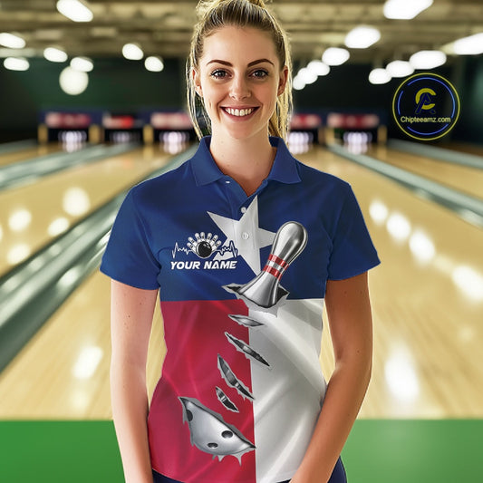 Custom Texas State Flag Silver Bowling Ball And Pin Patriotic Bowling Shirts For Women IPHW10592
