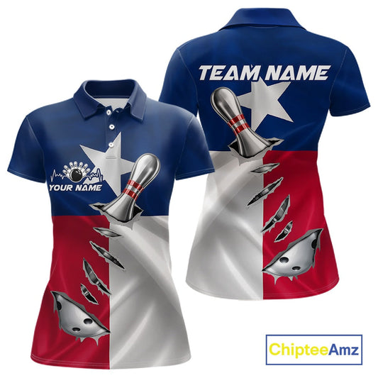 Custom Texas State Flag Silver Bowling Ball And Pin Patriotic Bowling Shirts For Women IPHW10592