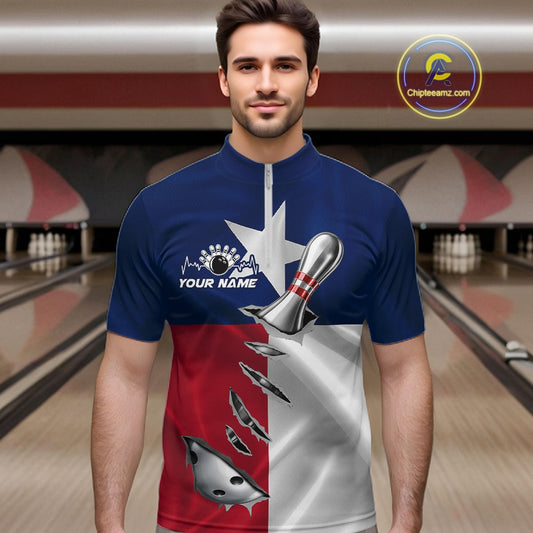 Custom Texas State Flag Silver Bowling Ball And Pin Patriotic Bowling Shirts For Men IPHW10592