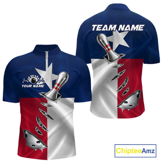 Custom Texas State Flag Silver Bowling Ball And Pin Patriotic Bowling Shirts For Men IPHW10592