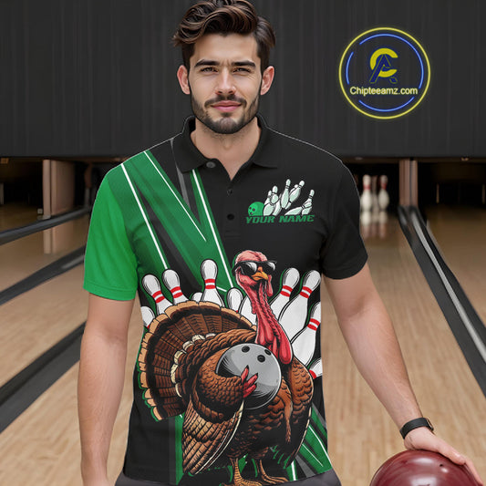 Black And Green Custom Funny Turkey Bowling Men Shirts, Bowling League Team Shirt IPHW10801