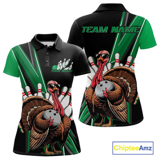 Black And Green Custom Funny Turkey Bowling Women Shirts, Bowling League Team Shirt IPHW10801