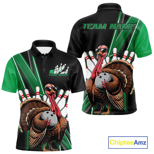 Black And Green Custom Funny Turkey Bowling Men Shirts, Bowling League Team Shirt IPHW10801