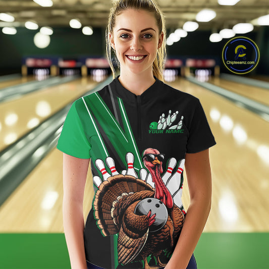 Black And Green Custom Funny Turkey Bowling Women Shirts, Bowling League Team Shirt IPHW10801