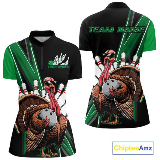 Black And Green Custom Funny Turkey Bowling Women Shirts, Bowling League Team Shirt IPHW10801