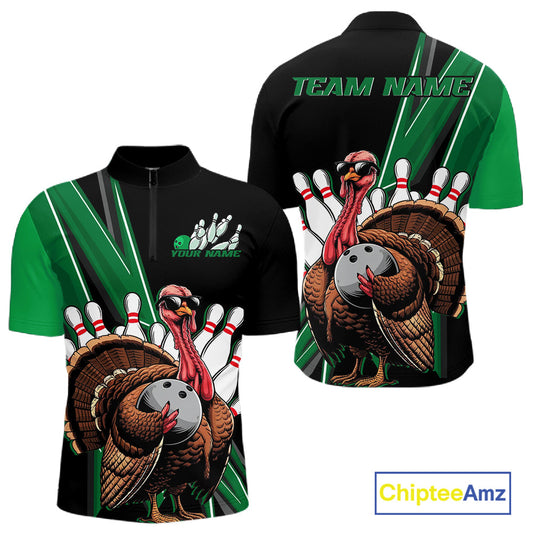Black And Green Custom Funny Turkey Bowling Men Shirts, Bowling League Team Shirt IPHW10801