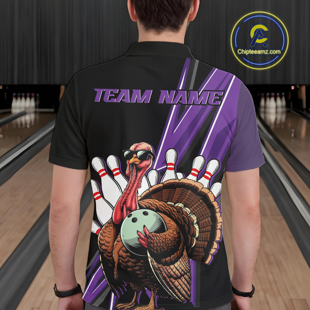 Black And Purple Custom Funny Turkey Bowling Men Shirts, Bowling League Team Shirt IPHW10802