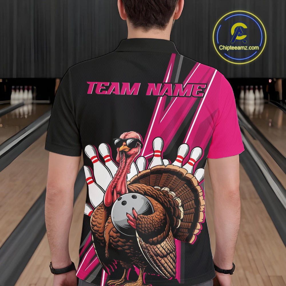Black And Pink Custom Funny Turkey Bowling Men Shirts, Bowling League Team Shirt IPHW10803