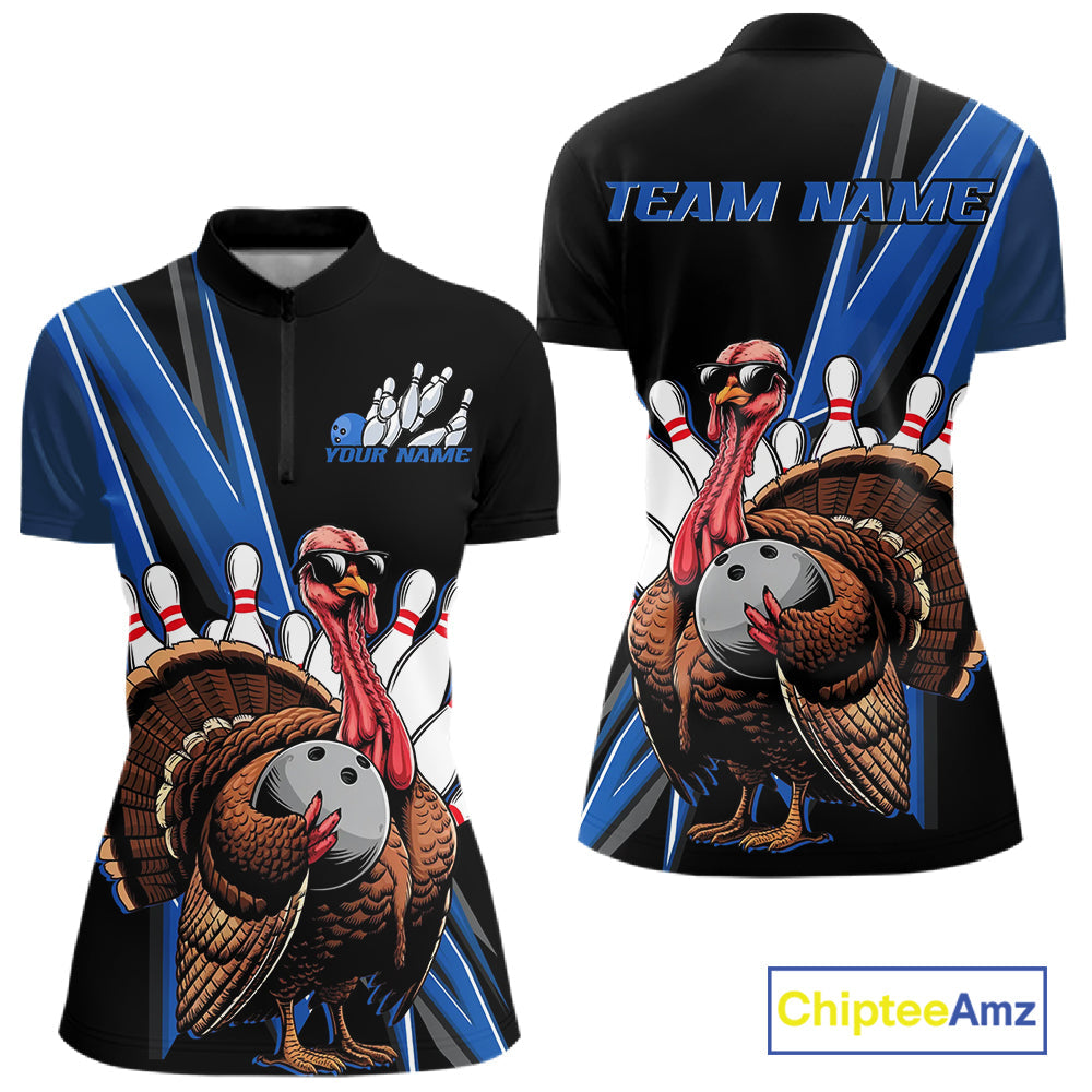 Black And Blue Custom Funny Turkey Bowling Women Shirts, Bowling League Team Shirt IPHW10804