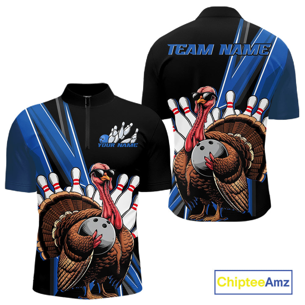 Black And Blue Custom Funny Turkey Bowling Men Shirts, Bowling League Team Shirt IPHW10804