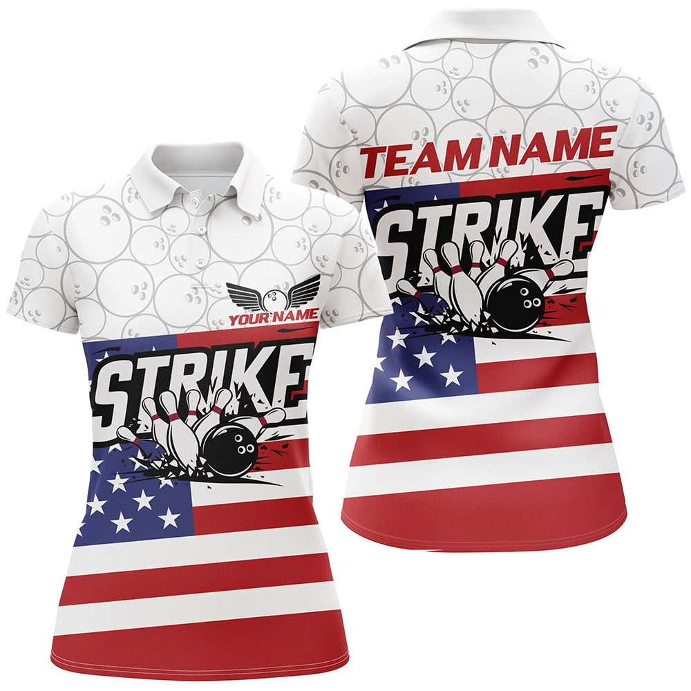 Custom American Flag Strike Bowling Shirts For Women, Patriotic Bowling League Jerseys IPHW6695