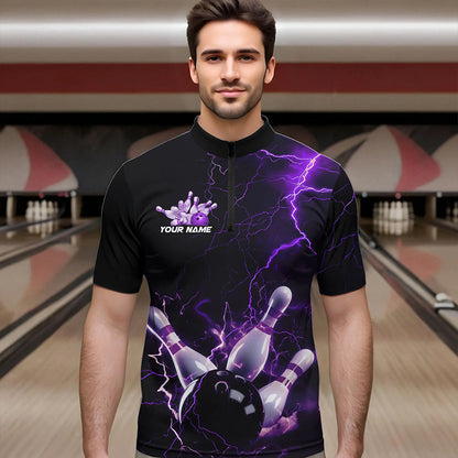 Custom Black And Purple Thunder Lightning Bowling Tournament Quarter-Zip Shirts For Men IPHW8520