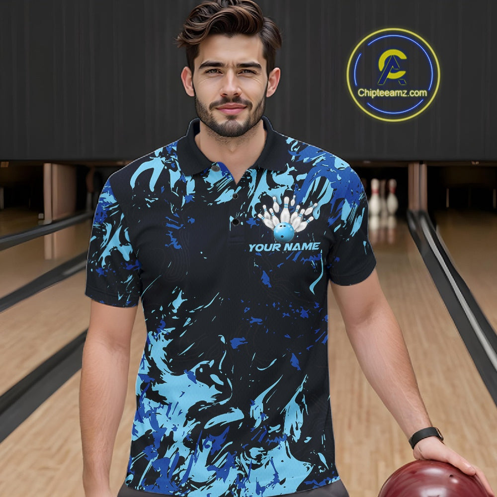 Custom Blue Camo Men Bowling League Shirt, Bowlers Jerseys Bowling Tournament Outfit IPHW10617