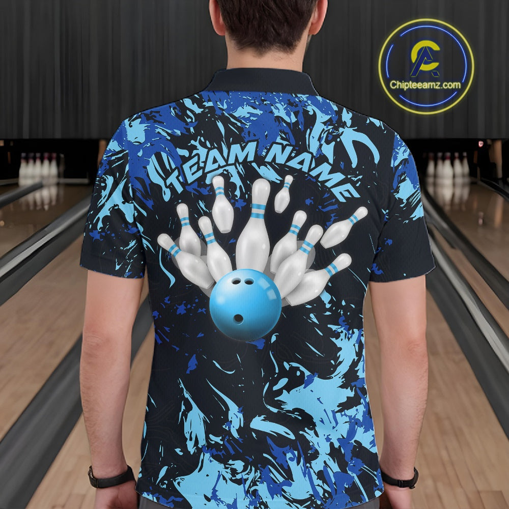 Custom Blue Camo Men Bowling League Shirt, Bowlers Jerseys Bowling Tournament Outfit IPHW10617