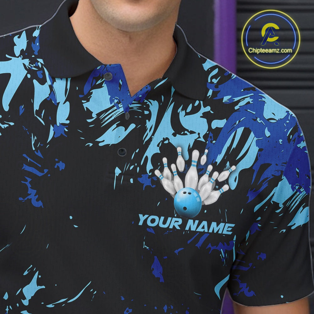 Custom Blue Camo Men Bowling League Shirt, Bowlers Jerseys Bowling Tournament Outfit IPHW10617