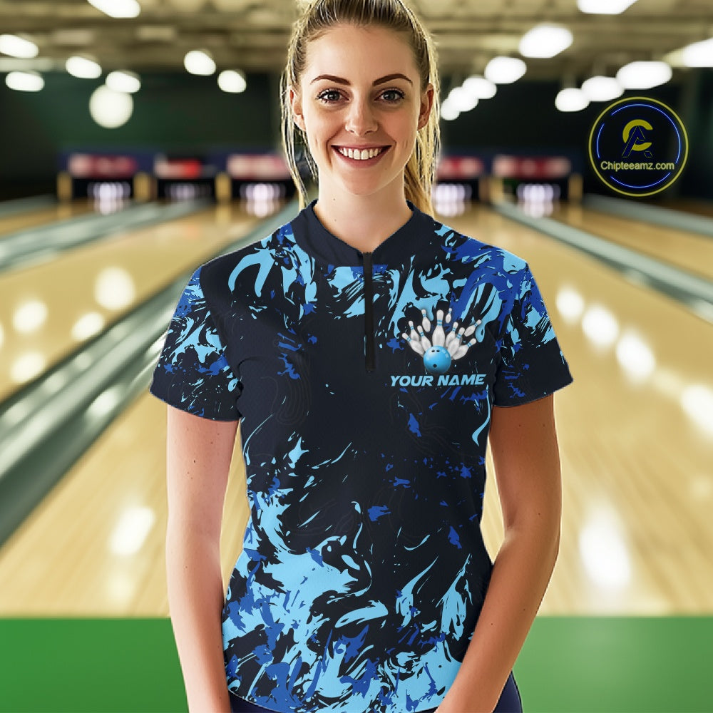 Custom Blue Camo Women Bowling League Shirt, Bowlers Jerseys Bowling Tournament Outfit IPHW10617