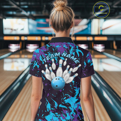 Custom Blue And Purple Camo Women Bowling League Shirt, Bowlers Jerseys Tournament Outfit IPHW10618