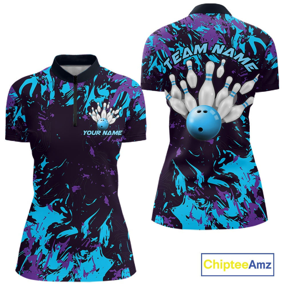 Custom Blue And Purple Camo Women Bowling League Shirt, Bowlers Jersey Tournament Outfit IPHW10618
