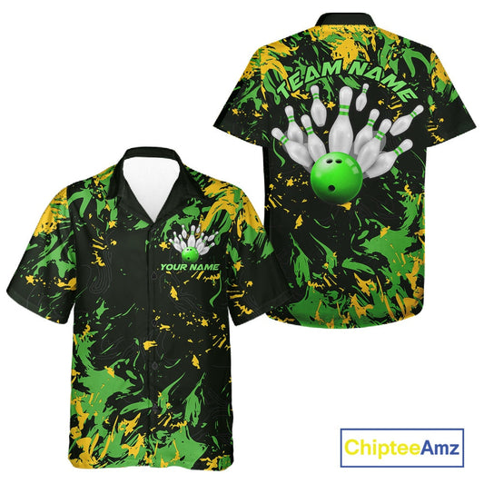 Custom Green And Yellow Camo Men And Women Bowling League Shirt, Bowlers Jerseys Tournament Outfit IPHW10620