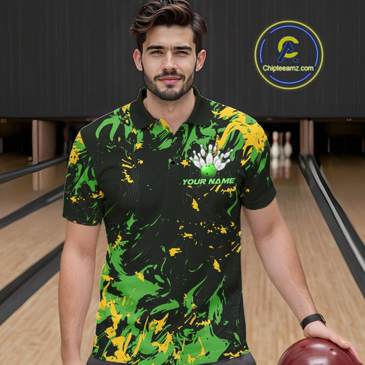 Custom Green And Yellow Camo Men Bowling League Shirt, Bowlers Jerseys Tournament Outfit IPHW10620