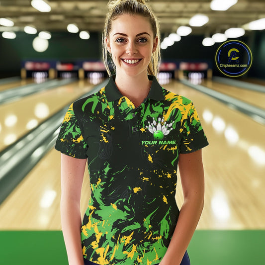 Custom Green And Yellow Camo Women Bowling League Shirt, Bowlers Jerseys Tournament Outfit IPHW10620