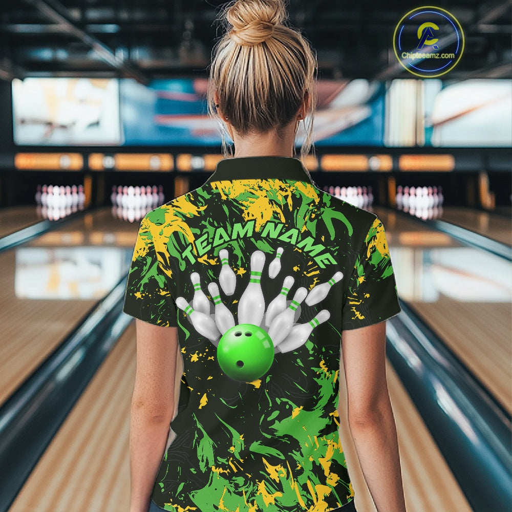 Custom Green And Yellow Camo Women Bowling League Shirt, Bowlers Jerseys Tournament Outfit IPHW10620