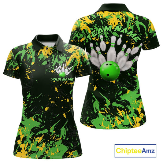 Custom Green And Yellow Camo Women Bowling League Shirt, Bowlers Jerseys Tournament Outfit IPHW10620