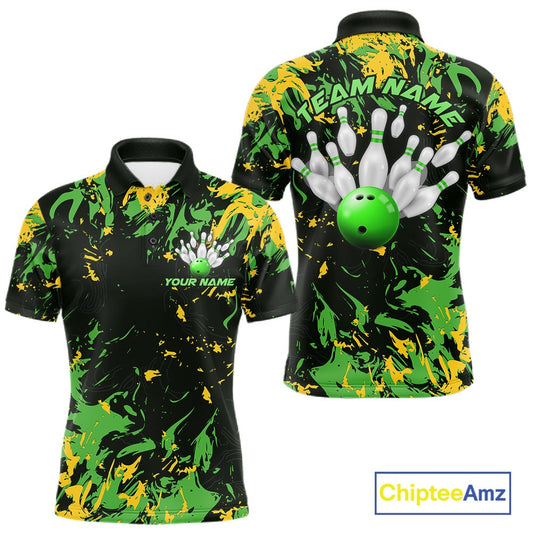 Custom Green And Yellow Camo Men Bowling League Shirt, Bowlers Jerseys Tournament Outfit IPHW10620