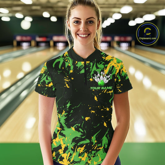 Custom Green And Yellow Camo Women Bowling League Shirt, Bowler Jersey Tournament Outfit IPHW10620