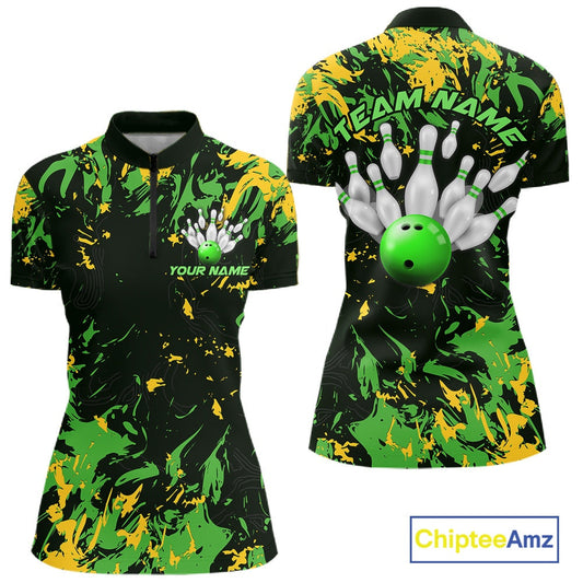 Custom Green And Yellow Camo Women Bowling League Shirt, Bowler Jersey Tournament Outfit IPHW10620