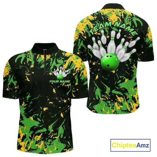 Custom Green And Yellow Camo Men Bowling League Shirt, Bowlers Jerseys Tournament Outfit IPHW10620