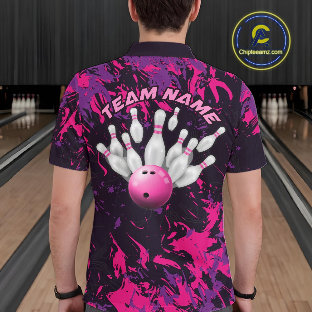 Custom Purple And Pink Camo Men Bowling League Shirt, Bowlers Jerseys Tournament Outfit IPHW10621