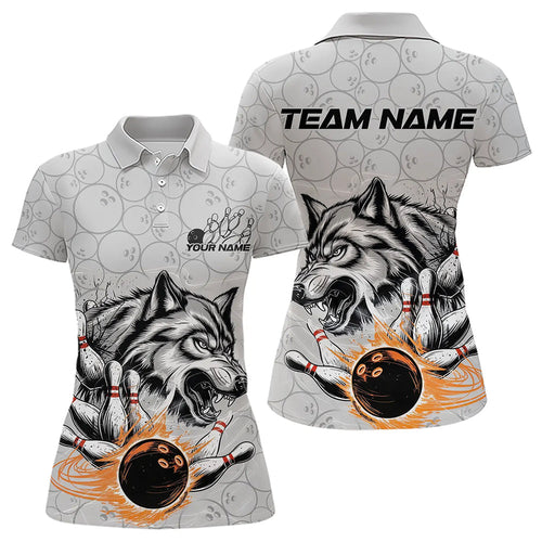 Custom Gray And Red Wolf Bowling Polo Shirts For Women, Wolf Bowling Tournament Shirt IPHW8717